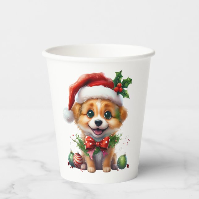 Cute Christmas Puppy with Santa Hat and Bow Paper Cups (Front)