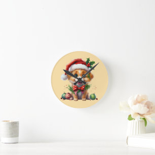 Cute Christmas Puppy with Santa Hat and Bow Round Clock