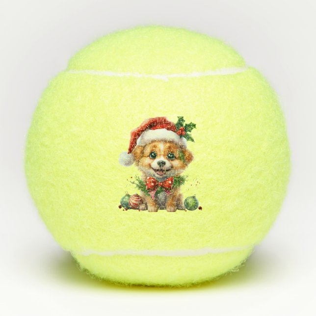 Cute Christmas Puppy with Santa Hat and Bow Tennis Balls (Front)