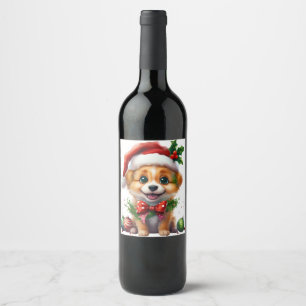 Cute Christmas Puppy with Santa Hat and Bow Wine Label