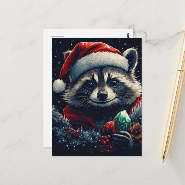 Cute Christmas Raccoon Postcard (Front/Back In Situ)