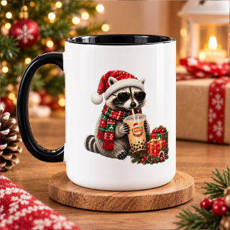 Cute Christmas Raccoon with Gifts and Hot Cocoa Mug