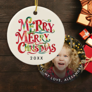 Cute Christmas Red And Green Watercolor Typo Photo Ceramic Ornament
