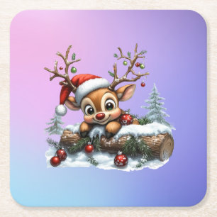 Cute Christmas Reindeer Card with Ornaments Square Paper Coaster