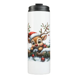 Cute Christmas Reindeer Card with Ornaments Thermal Tumbler