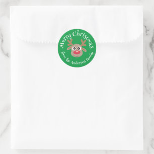 Cute Christmas Reindeer Cartoon Green White Type Classic Round Sticker