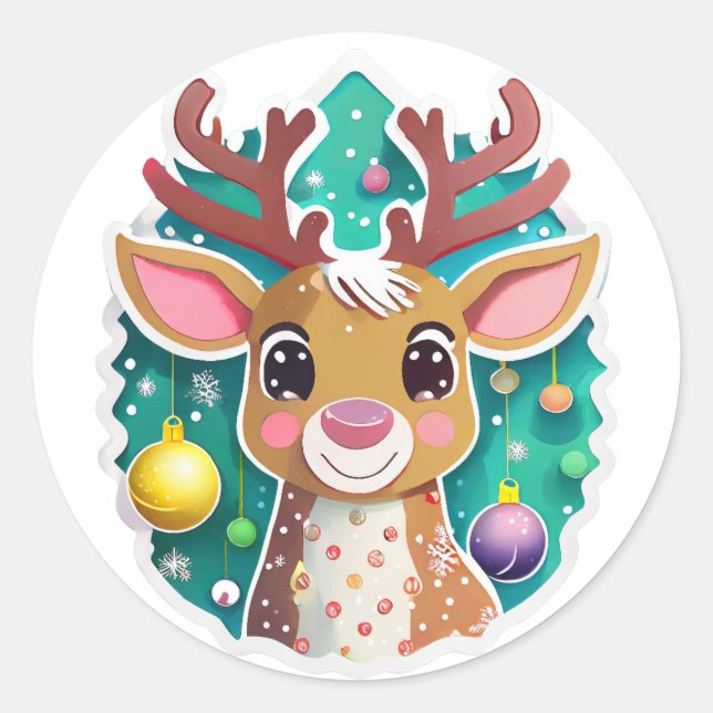 Cute Christmas Reindeer  Classic Round Sticker (Front)