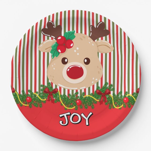 Cute Christmas Reindeer Custom Paper Plate (Front)