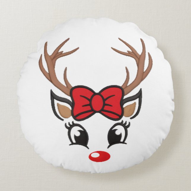 Cute Christmas Reindeer Face Round Pillow (Front)