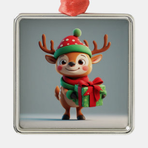 Cute Christmas Reindeer Holding a Gift Box Metal Ornament