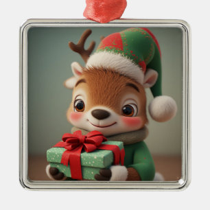 Cute Christmas Reindeer Holding a Gift Box Metal Ornament