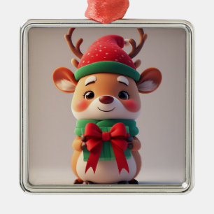 Cute Christmas Reindeer Holding a Gift Box Metal Ornament