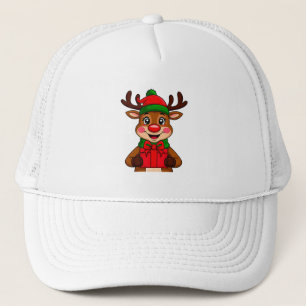 Cute Christmas Reindeer Holding a Gift Trucker Hat