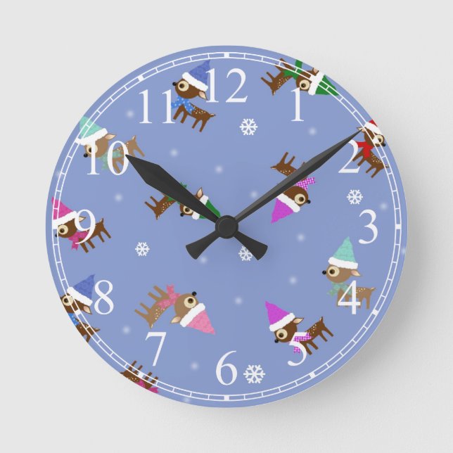 Cute Christmas Reindeer Holiday Art Round Clock (Front)