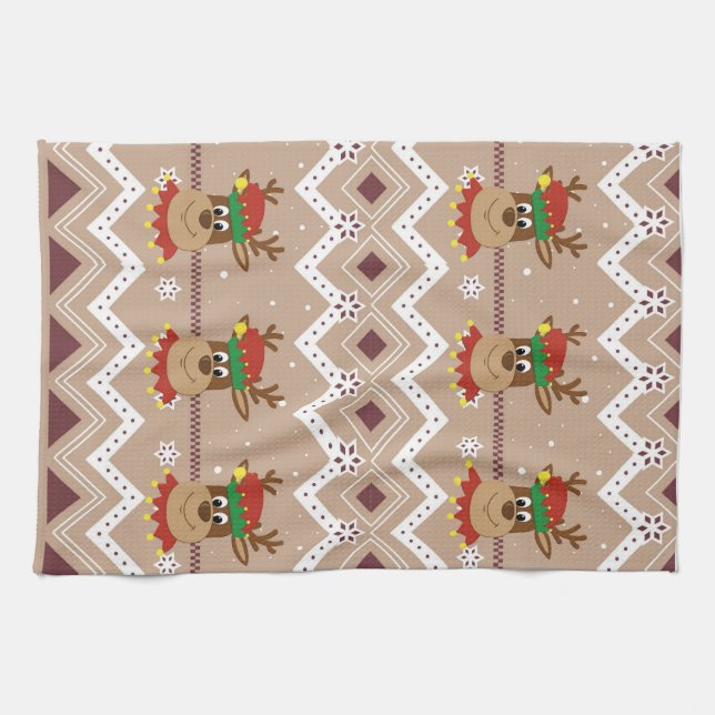Cute Christmas Reindeer Holiday Kitchen Towel (Horizontal)