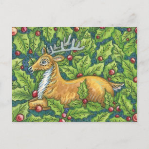 Cute Christmas Reindeer in Forest with Holly Holiday Postcard