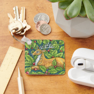 Cute Christmas Reindeer in Forest with Holly Keychain