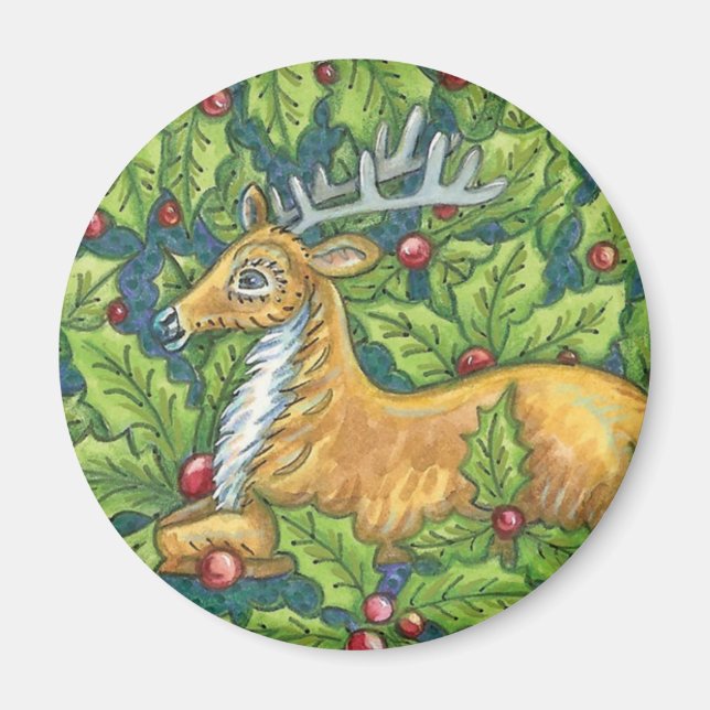 Cute Christmas Reindeer in Forest with Holly Magnet (Front)