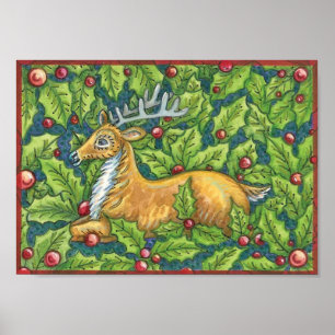 Cute Christmas Reindeer in Forest with Holly Poster