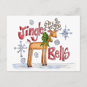 Cute Christmas Reindeer, Jingle Bells Snowflakes Holiday Postcard