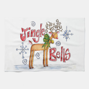 Cute Christmas Reindeer, Jingle Bells Snowflakes Kitchen Towel