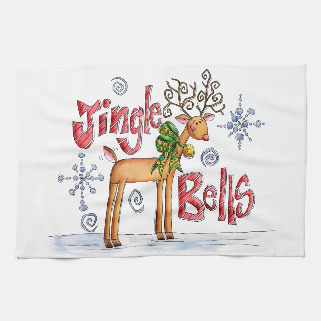 Cute Christmas Reindeer, Jingle Bells Snowflakes Kitchen Towel (Horizontal)