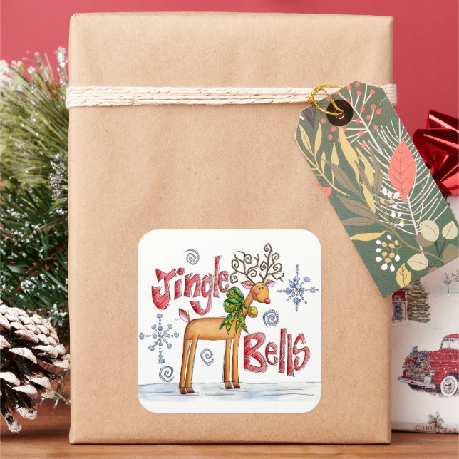 Cute Christmas Reindeer, Jingle Bells Snowflakes Square Sticker (Holiday)
