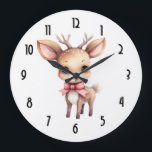 Cute Christmas Reindeer Large Clock<br><div class="desc">A clock with an illustration of an adorable baby deer. Big eyes big ears with a large head and little brown antlers. Wearing a big red bow.</div>