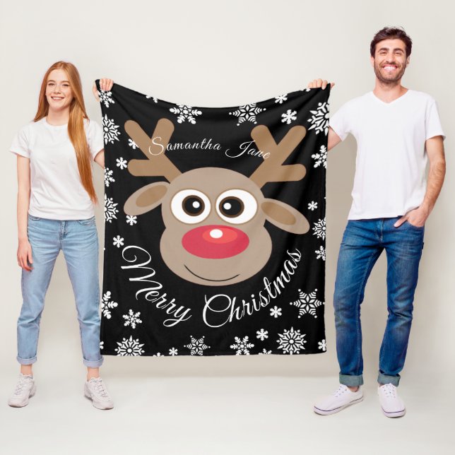 Cute Christmas Reindeer Named White Script Black Fleece Blanket (In Situ)