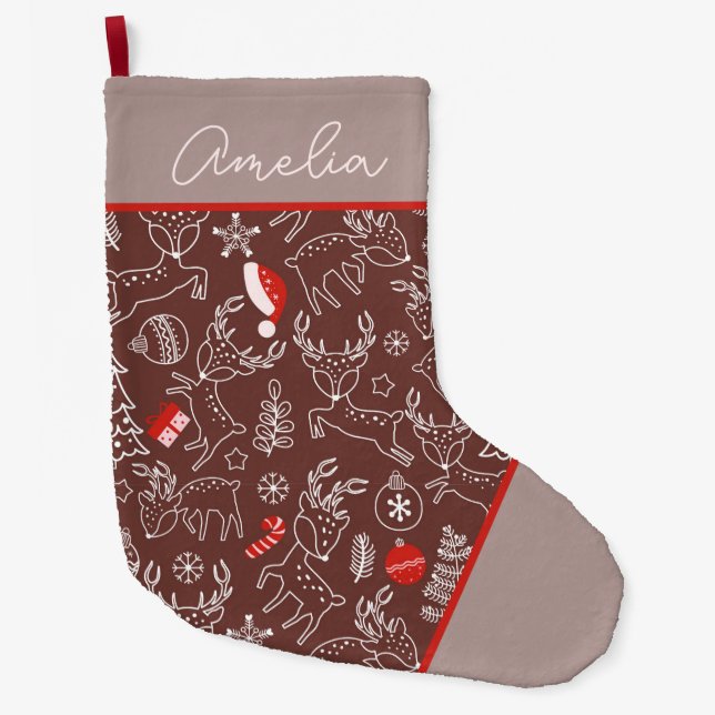 Cute Christmas Reindeer Pattern Personalized  Large Christmas Stocking (Front)