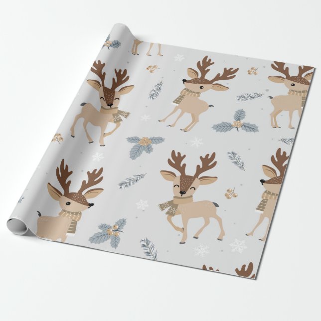 Cute Christmas Reindeer Pattern Wrapping Paper (Unrolled)