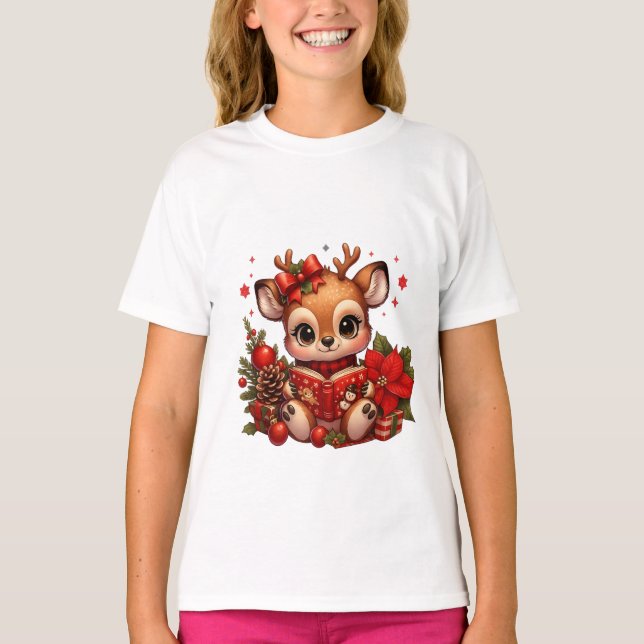 Cute Christmas Reindeer Reading Book T-Shirt (Front)