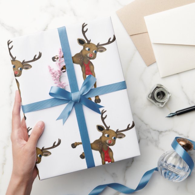  Cute Christmas Reindeer Red Nose Wrapping Paper (Gifting)