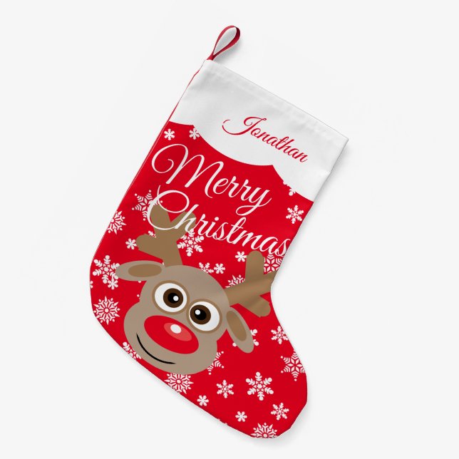 Cute Christmas Reindeer Red White Script Name Small Christmas Stocking (Front (Hanging))