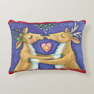 Cute Christmas Reindeer, Romantic Kiss w Mistletoe Accent Pillow