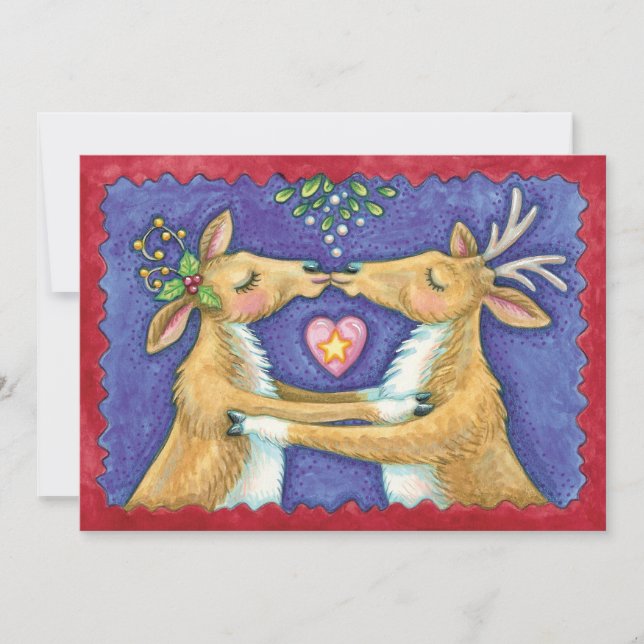 Cute Christmas Reindeer, Romantic Kiss w Mistletoe Invitation (Front)