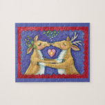 Cute Christmas Reindeer, Romantic Kiss w Mistletoe Jigsaw Puzzle<br><div class="desc">Vintage illustration Merry Christmas design featuring a love and romance design with two adorable reindeer kissing under the mistletoe. A heart is between them. A funny,  silly and romantic cartoon design for animal lovers.</div>