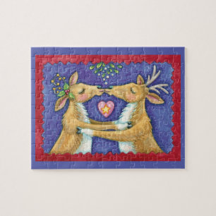 Cute Christmas Reindeer, Romantic Kiss w Mistletoe Jigsaw Puzzle