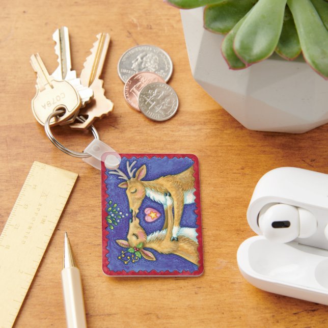 Cute Christmas Reindeer, Romantic Kiss w Mistletoe Keychain (Desk)