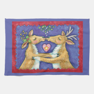 Cute Christmas Reindeer, Romantic Kiss w Mistletoe Kitchen Towel