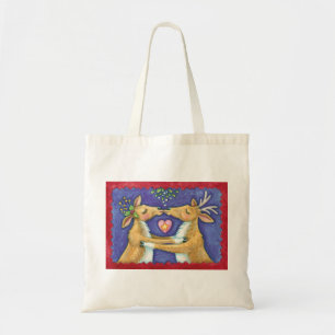Cute Christmas Reindeer, Romantic Kiss w Mistletoe Tote Bag
