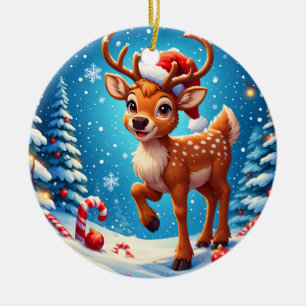 Cute Christmas Reindeer Santa Hat Candy Canes Ceramic Ornament