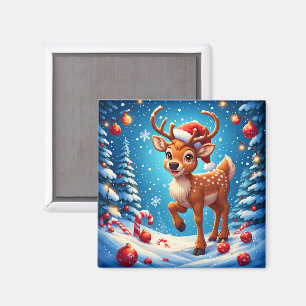 Cute Christmas Reindeer Santa Hat Candy Canes Magnet