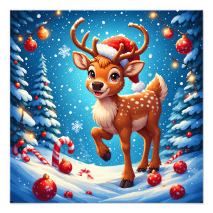 Cute Christmas Reindeer Santa Hat Candy Canes Photo Print