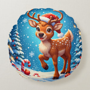 Cute Christmas Reindeer Santa Hat Candy Canes Round Pillow