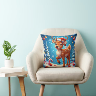 Cute Christmas Reindeer Santa Hat Candy Canes Throw Pillow