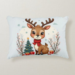 Cute Christmas Reindeer Scene Snowy Forest Accent Pillow