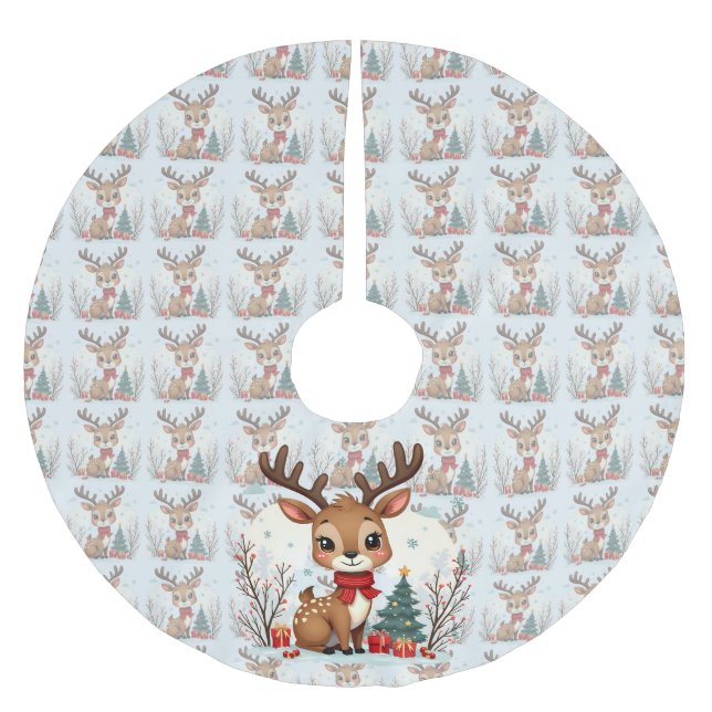 Cute Christmas Reindeer Scene Snowy Forest Brushed Polyester Tree Skirt (Front)