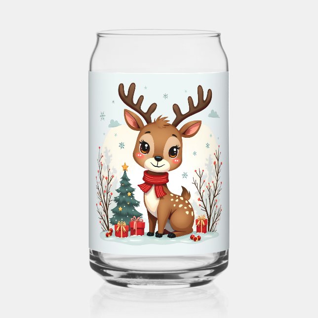 Cute Christmas Reindeer Scene Snowy Forest Can Glass (Front)