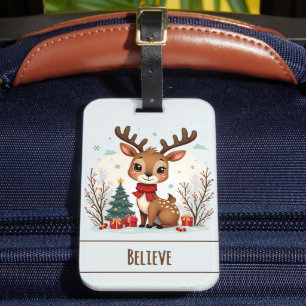 Cute Christmas Reindeer Scene Snowy Forest Luggage Tag
